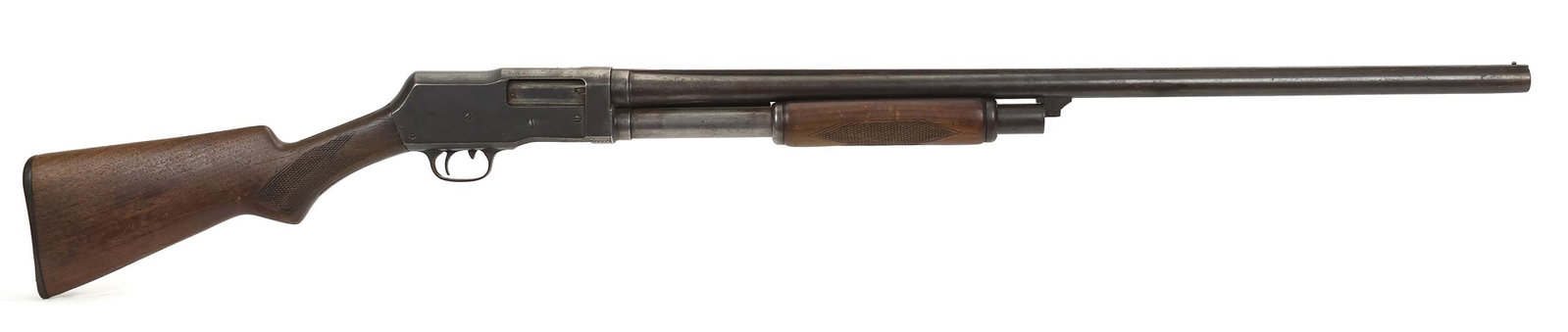 MONTGOMERY WARD’S WESTERNFIELD PUMP SHOTGUN. : T-566, Montgomery Ward's Western Field pump action 12 gauge shotgun with 30” barrel full choke checkered with pistol grip. Browning patent shotgun. Serial #46736B. NICS Background check required
