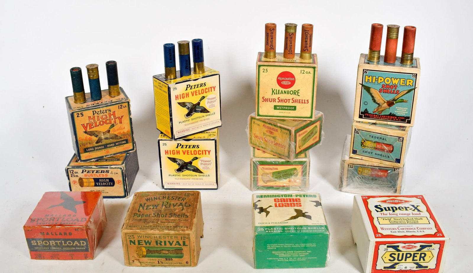 VINTAGE AMMUNITION, SHOTGUN SHELLS,14 BOXES.: Four boxes of Peters 12 gauge shotgun shells; Winchester 12 gauge paper shot shells, 25 pcs;Three boxes Hi Power 12 gauge; 2 boxes Remington 12 gauge, one partially full; Remington 16 gauge sealed, pa