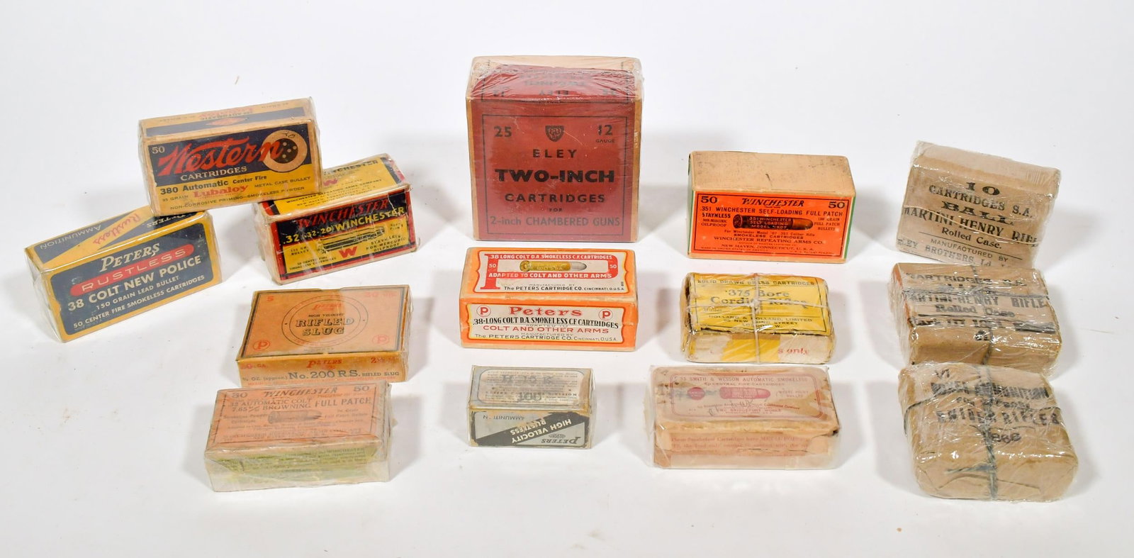 VINTAGE AMMUNITION,14 BOXES.: Eley 12 gauge, partially full; Peter’s 20 gauge slug; Smith & Wesson 35 cal.; Winchester 32 cal. Colt, 50 rounds; Peter’s 38 cal., 40 rounds; Winchester 351 cal., 50 rounds.