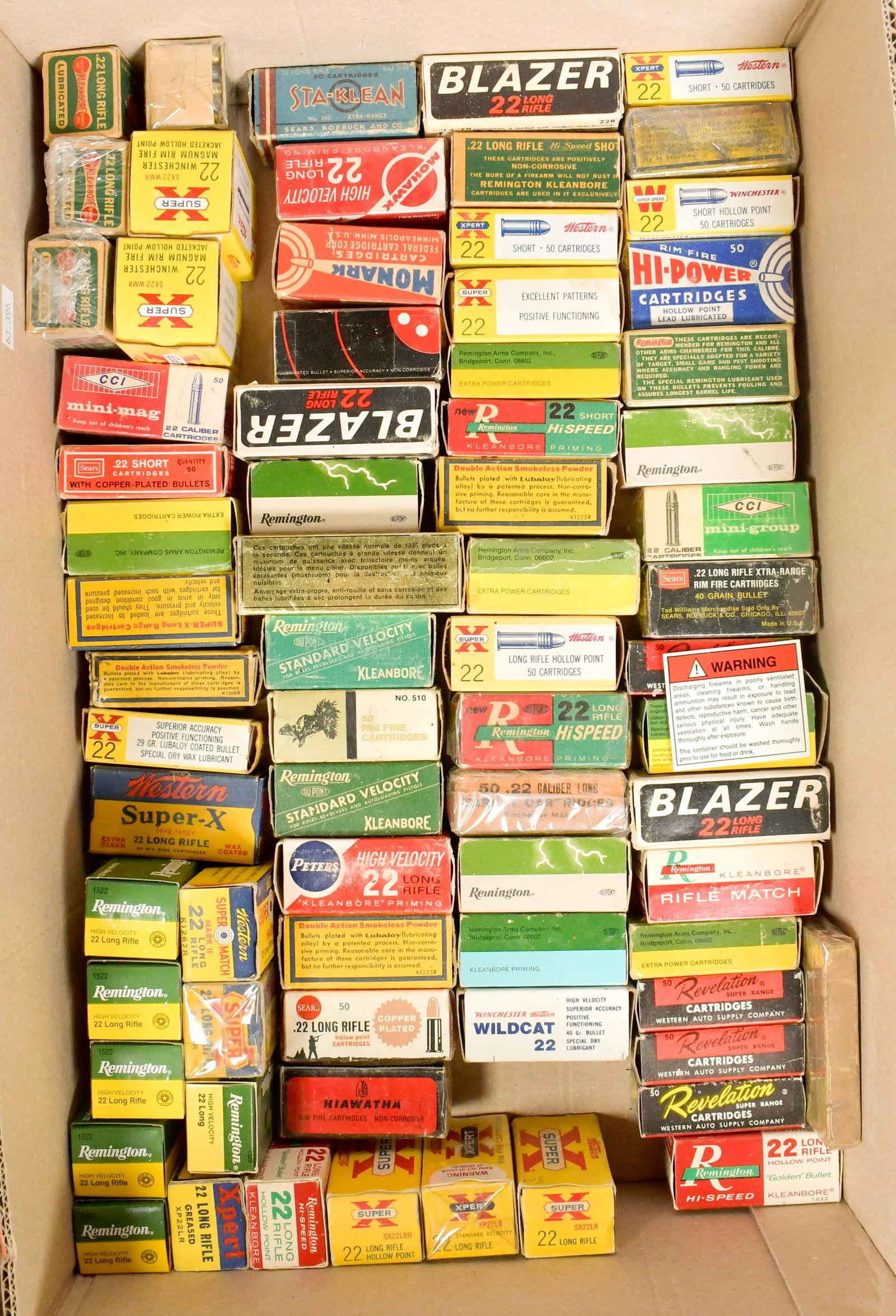VINTAGE AMMUNITION, 22 CAL.: Approx. 60 boxes of 22 cal., some partially full.