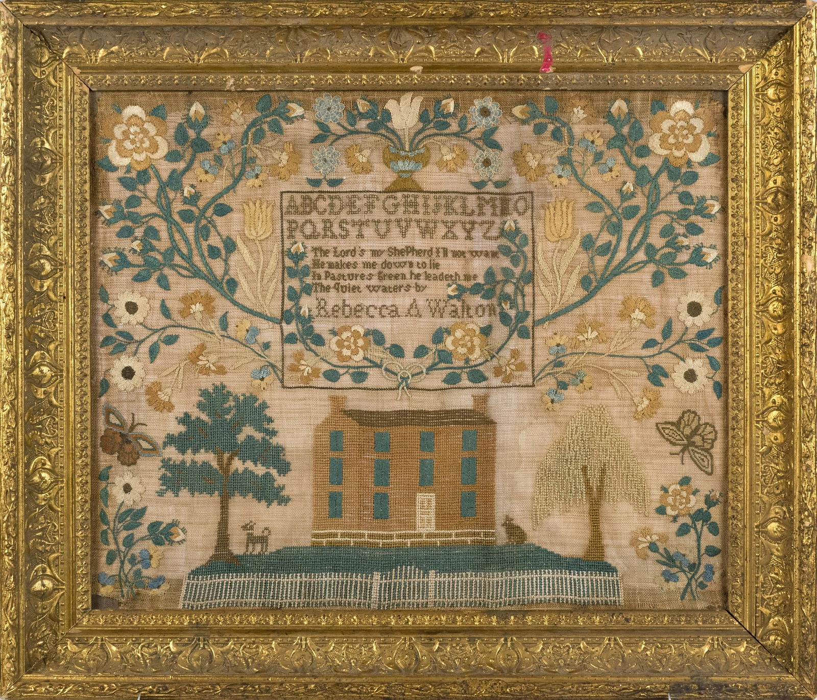 ELABORATE 19TH C. AMERICAN NEEDLEPOINT SAMPLER. (1 of 5)