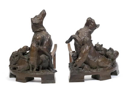 PAIR FREDERICK GEORGE RICHARD ROTH BRONZE ANDIRONS.: A wonderful pair of Frederick George Richard Roth (1872 - 1944) bronze andirons, one depicting dogs and puppies, the other with cat with four kittens. Signed on bases, Fred GR Roth, and copyright