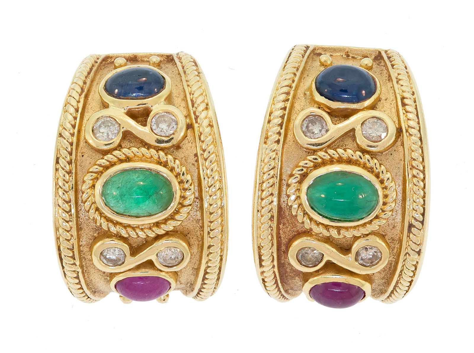 14K GOLD EMERALD, SAPPHIRE, RUBY & DIAMOND EARRINGS. (1 of 8)