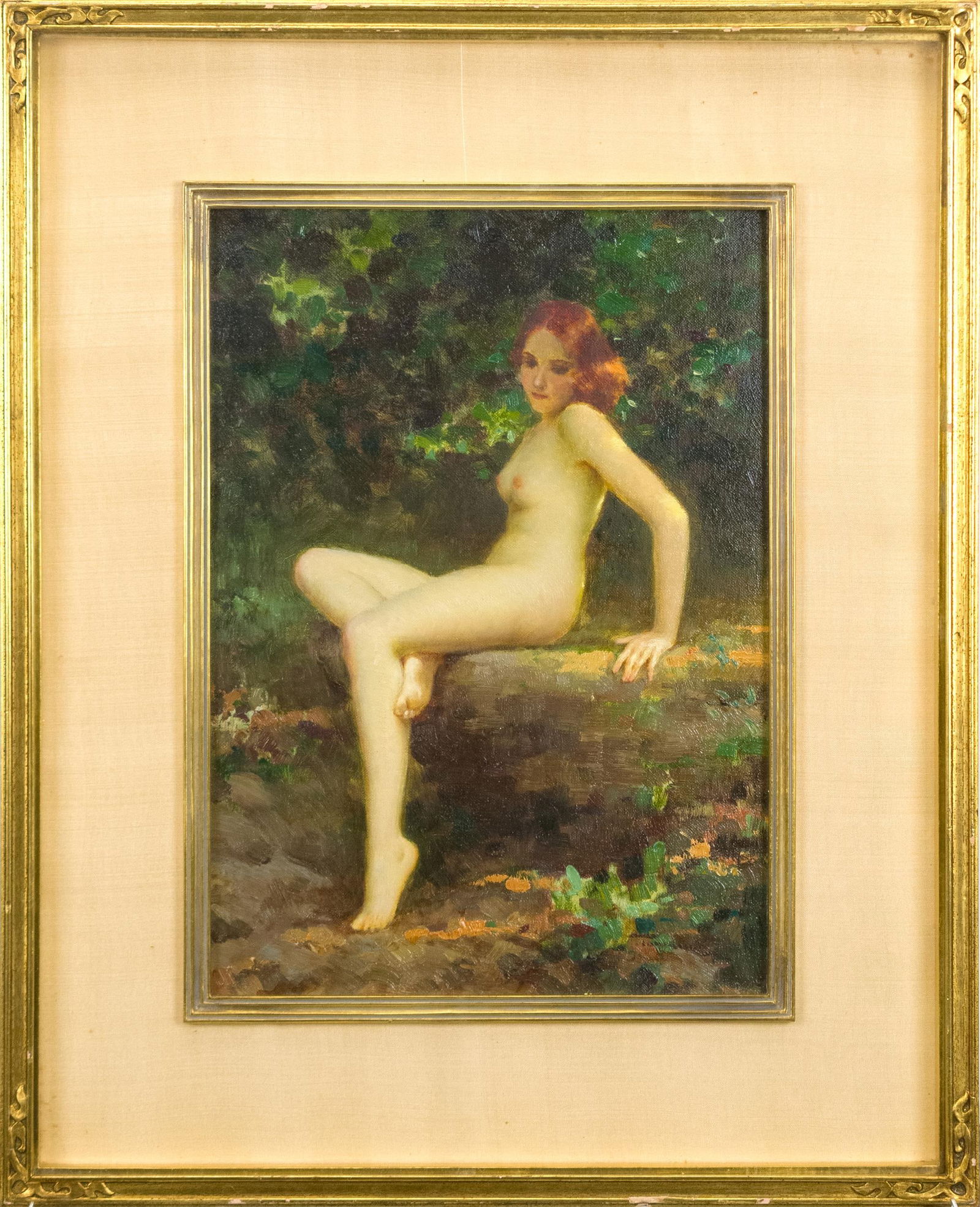 JOSEPH TOMANEK OIL, NUDE IN FOREST.: Joseph Tomanek (1889-1974) oil on canvas board, nude seated in forested landscape. Signed lower right, Tomanek. Board 13.5” x 9.5”, Overall in gilt frame 21” x 17”.