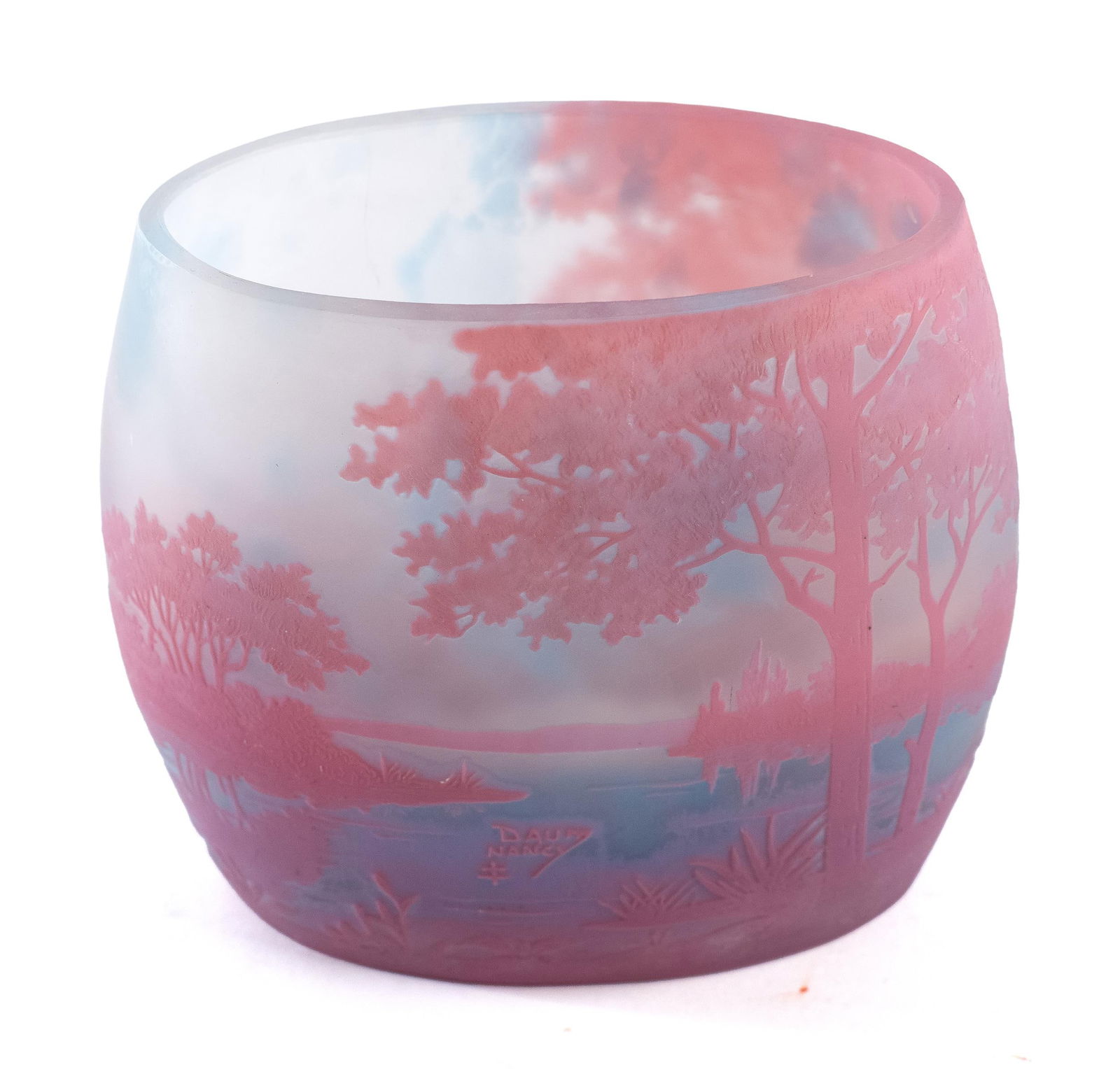 DAUM NANCY CAMEO GLASS VASE, LANDSCAPE IN PINK. (1 of 9)