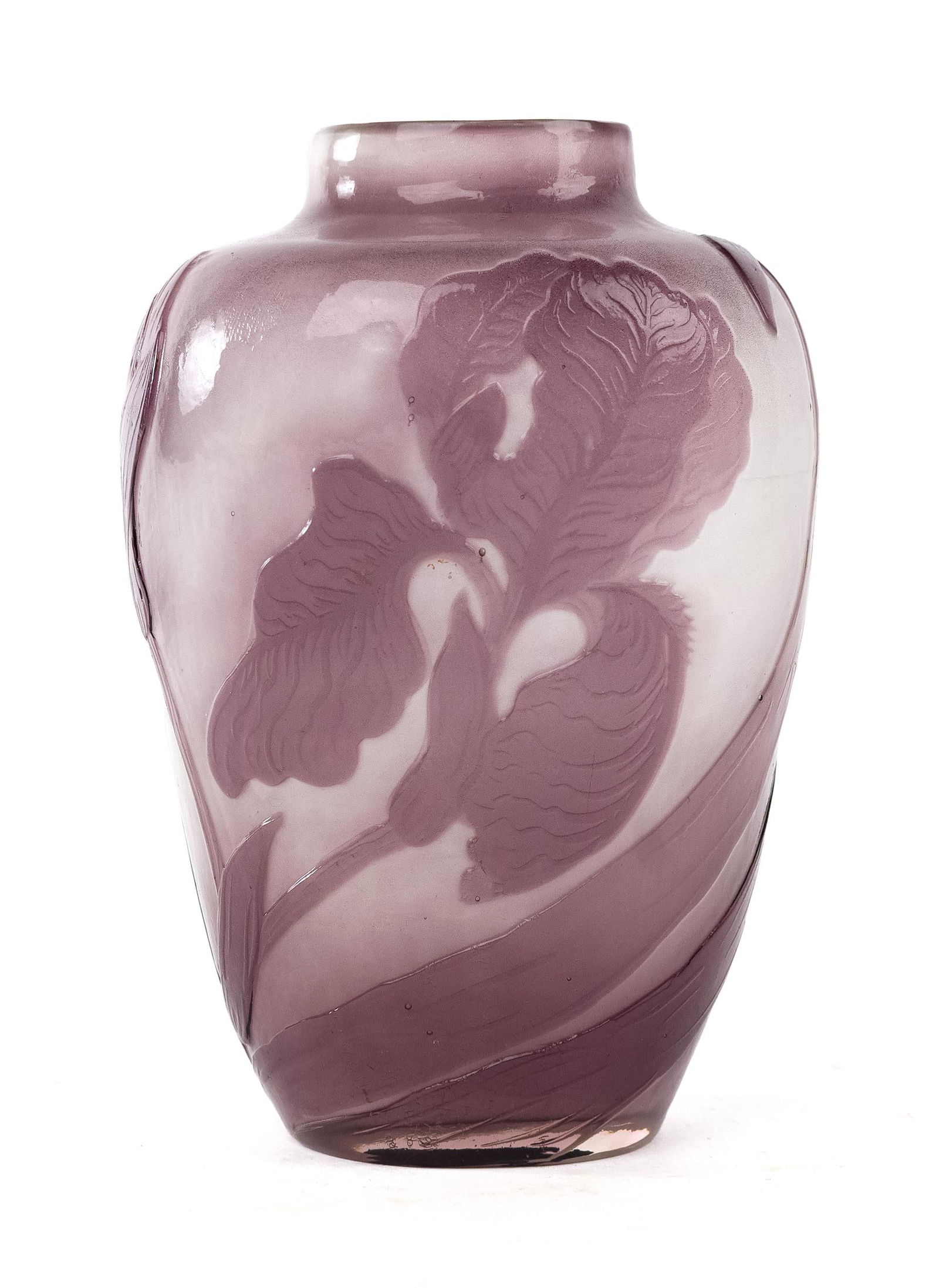 GALLE FRENCH CAMEO GLASS PURPLE IRIS VASE. (1 of 7)