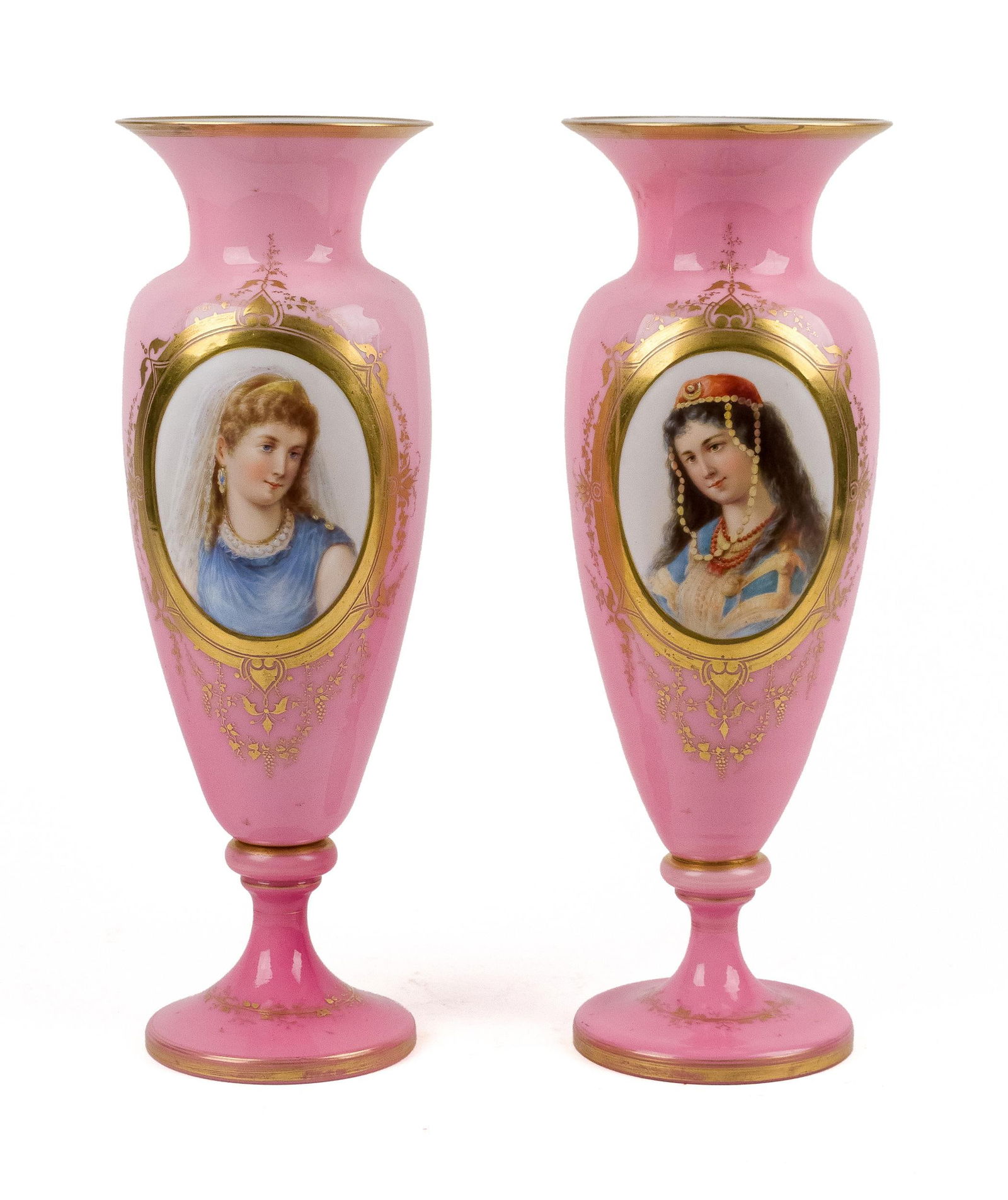 19TH C. BOHEMIAN PINK GLASS PORTRAIT VASES. (1 of 8)