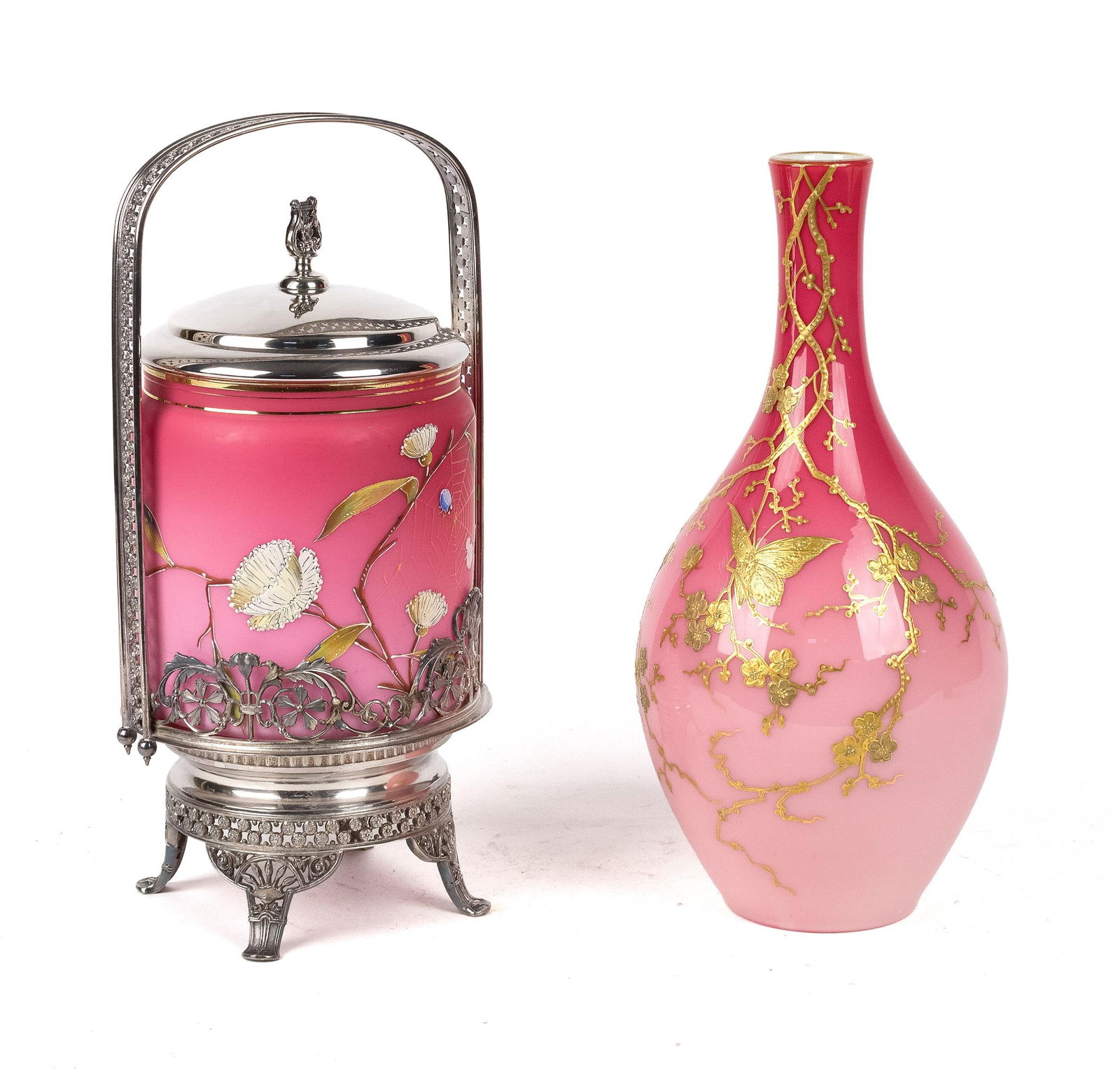 ANTIQUE ART GLASS VASE AND BISCUIT JAR.: A fine sampling of 19th C. art glass, including a Thomas Webb (unsigned) peach blown glass vase with exceptional gilt decoration of a butterfly on branch, 12.25”H. Along with a 19th C. Victorian