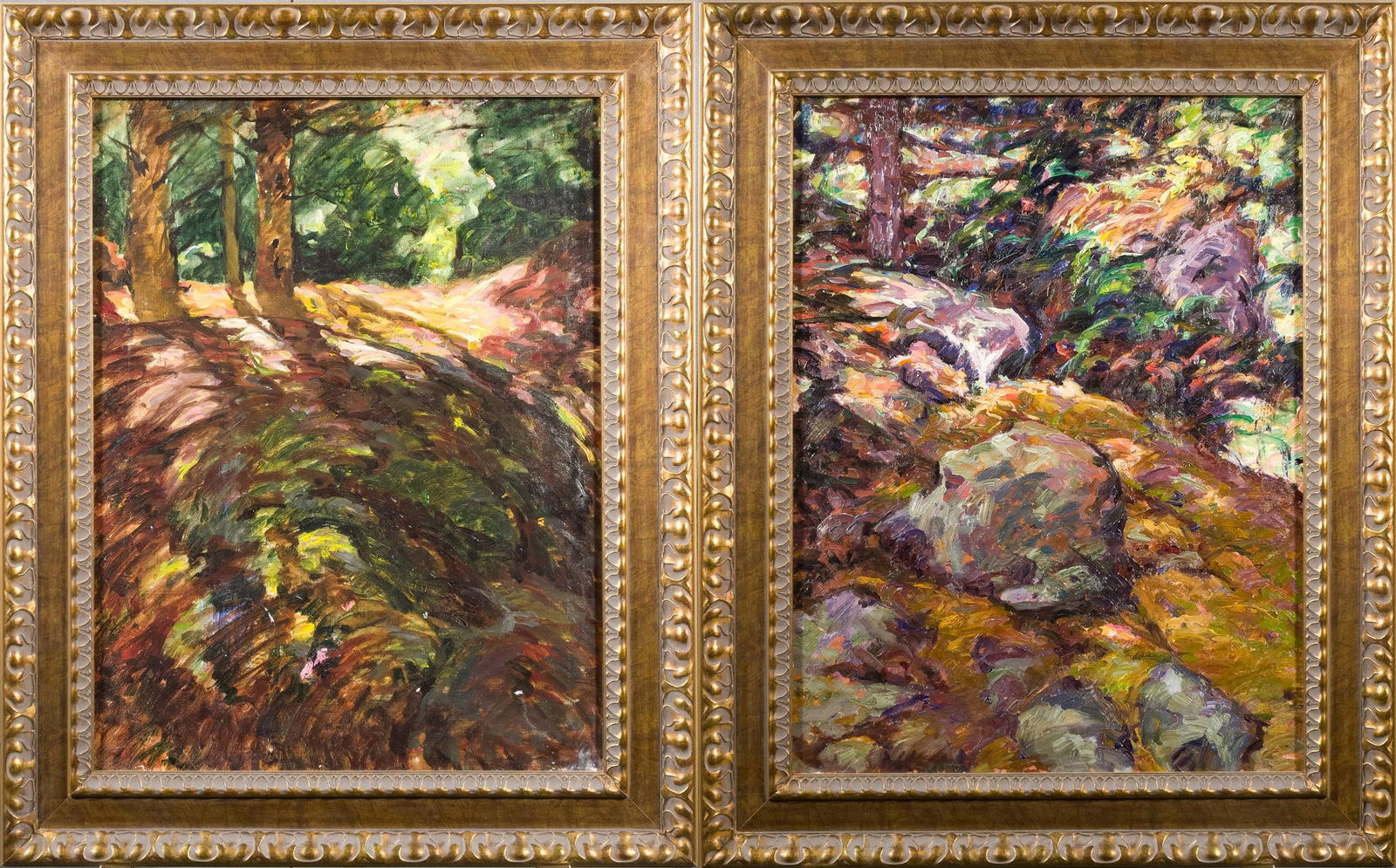TWO HENRY MACGINNIS OILS, FOREST INTERIOR. (1 of 16)