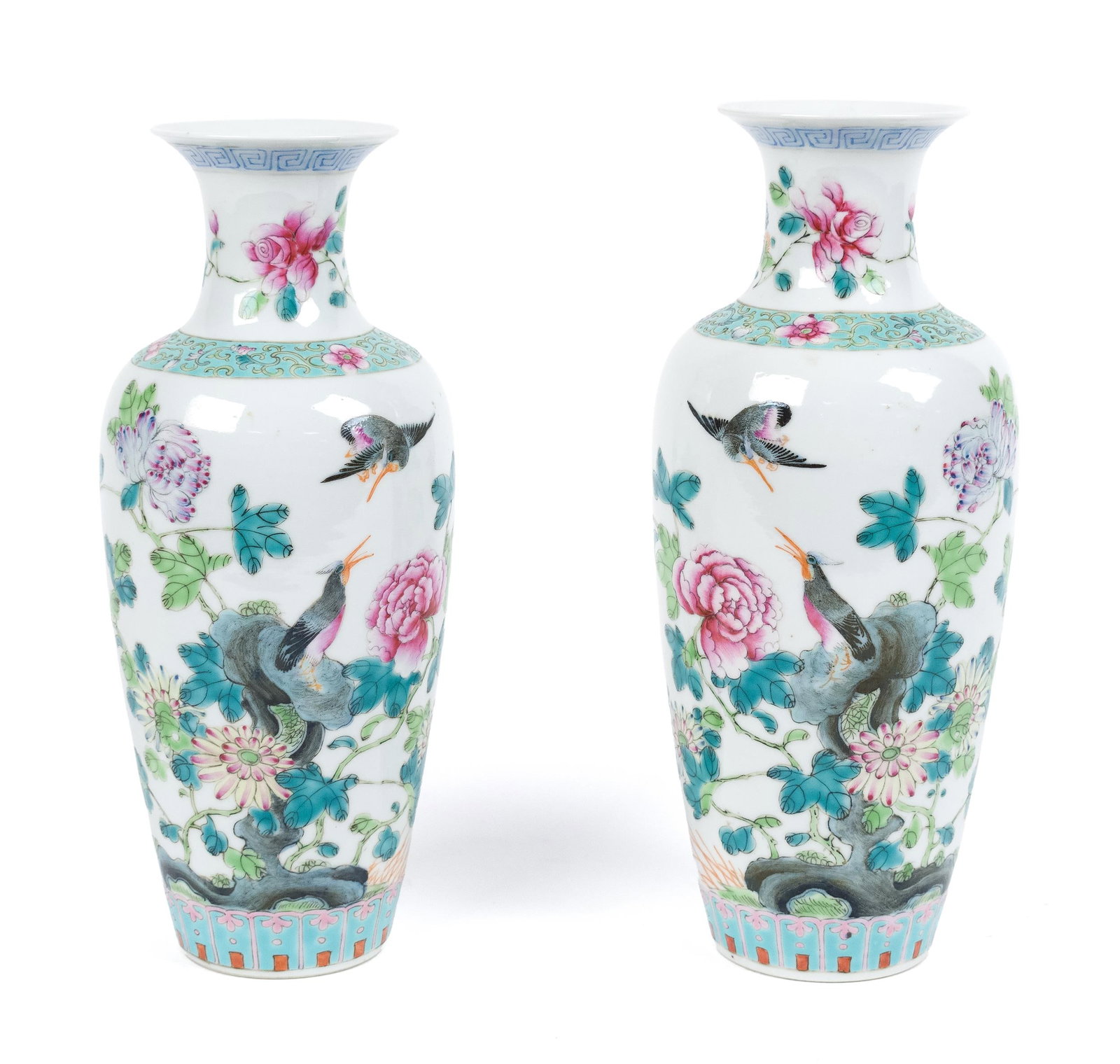 PR. REPUBLIC PERIOD CHINESE VASES.: A pair of early 20th C. Republic period Chinese porcelain vases, with red mark and stamped Made in China. Decorated with birds in flowering branches.9.5”H.