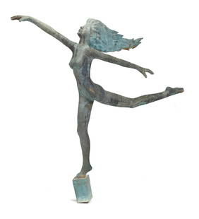 VICTOR SALMONES LIFE-SIZE BRONZE, DANZIA.: Victor Salmones (1937-1989) life-size bronze of dancing woman, titled 'Danzia', on a bronze base signed, D-33, V. Salmones, P/A. 91”H x 88”W x 19.5”D.