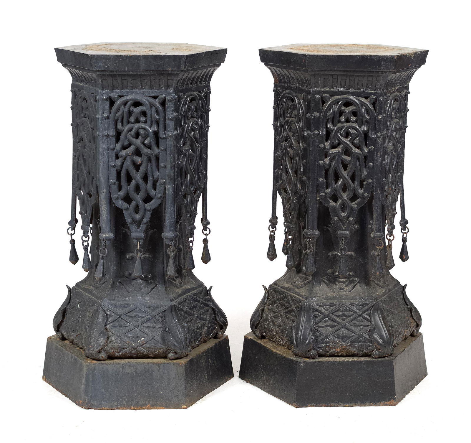 PAIR ANTIQUE BLACK PAINTED IRON PEDESTALS. (1 of 8)