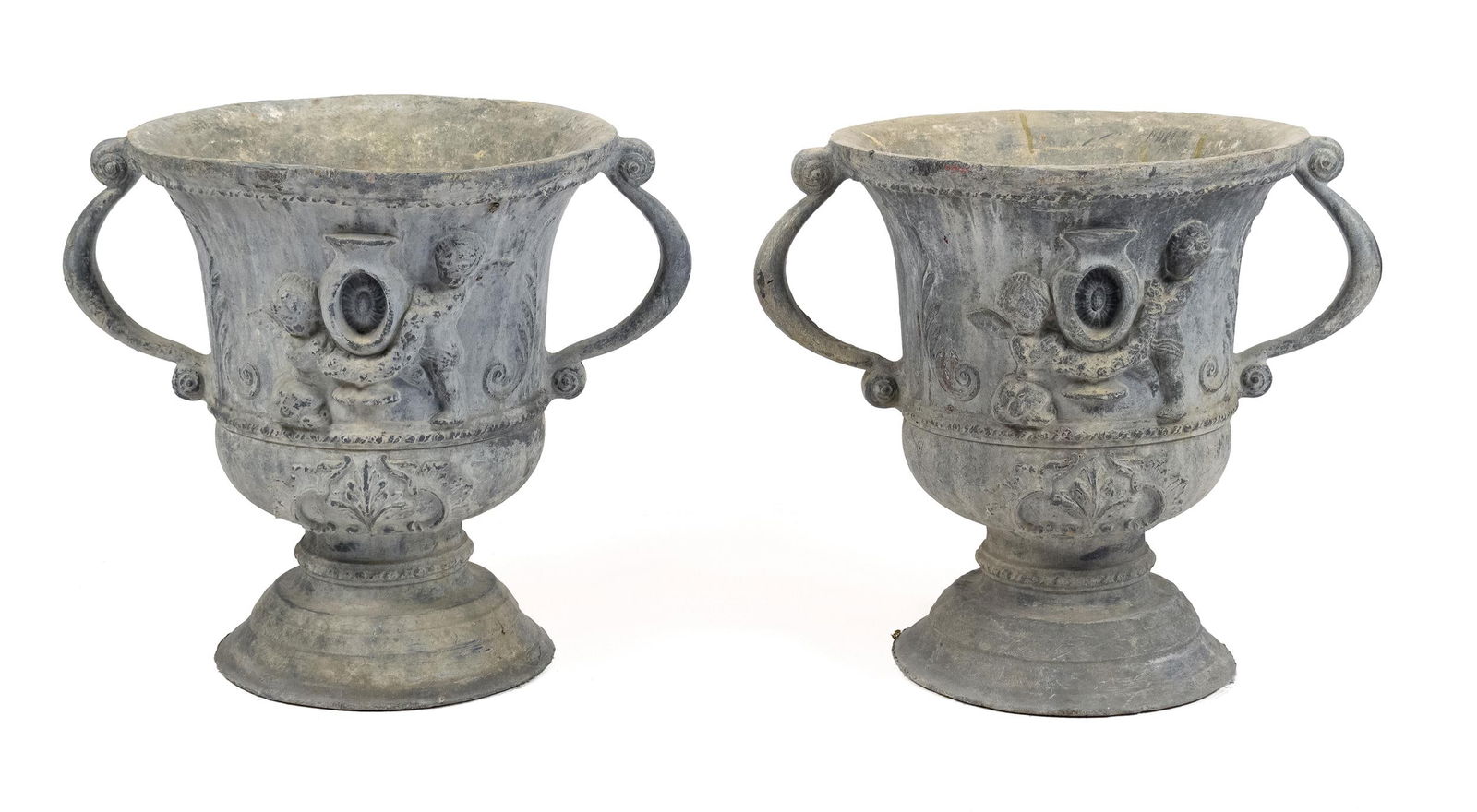 PAIR ANTIQUE LEAD PLANTER URNS. (1 of 9)