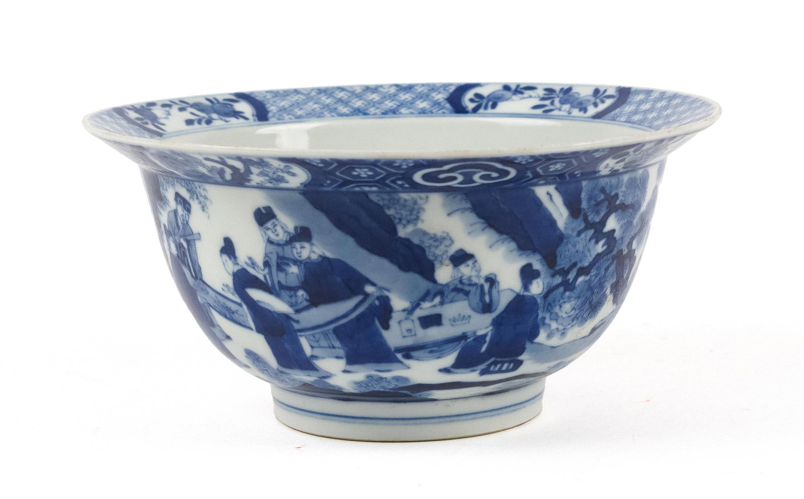 CHINESE BLUE AND WHITE KANGXI MARKED PORCELAIN BOWL.: Marked with lingzhi fungus and double concentric blue ring mark. Finely decorated with rich underglazed figural motifs and flattened upper rim with interior decoration of bonsai tree. 4”H x 8.25