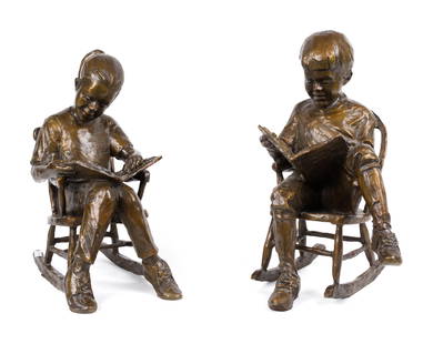 TWO GARY PRICE BRONZES, CHILDREN READING.: Two Gary Lee Price (b. 1955) bronzes, boy and girl reading in rocking chairs. Signed on girl&#8217;s rocker, Gary Price, both numbered 117/200. Boy 15&#8221;H, Girl 14&#8221;H.