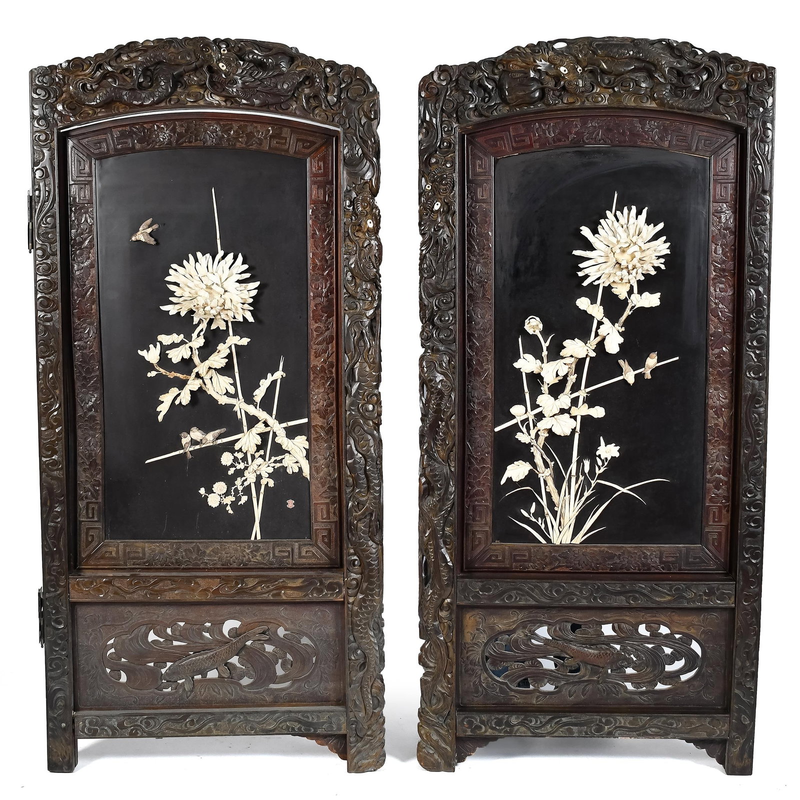PAIR MEJI JAPANESE LACQUER AND WOOD ROOM SCREEN.: A pair of ca. 1890's, heavily carved and lacquer decorated panels, in two parts, which join to form a room screen. Each with carved deep relief bone floral and bird groups, on a black lacquer ground. 