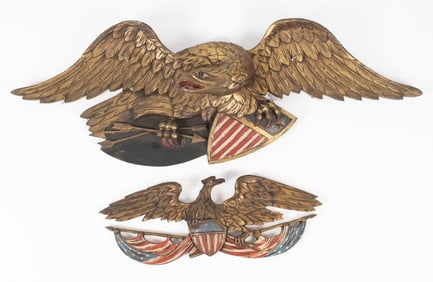 TWO VINTAGE CARVED WOOD PATRIOTIC EAGLES.