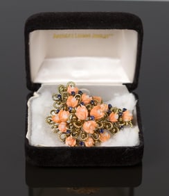 ANTIQUE 14K GOLD CORAL ROSE & SAPPHIRE ENHANCER.