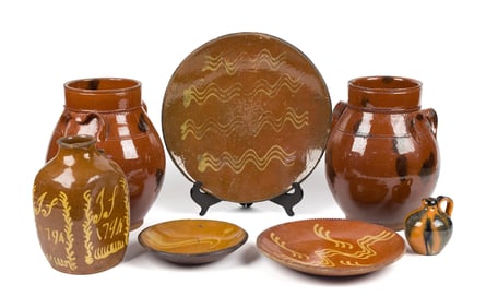 19TH C REDWARE, 7PCS.