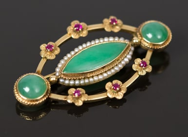 VINTAGE 14K GOLD JADE, RUBY & SEED PEARL PIN.
