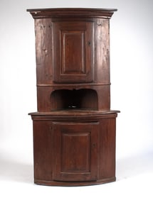 PRIMITIVE 19TH C. TWO PART CORNER CUPBOARD.