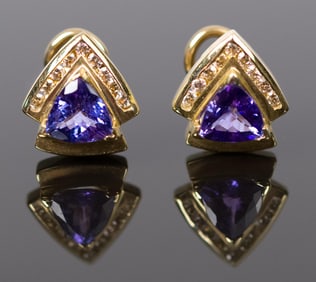 14K GOLD TANZANITE & DIAMOND POST EARRINGS.