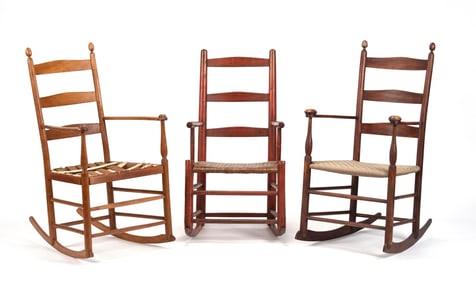THREE ANTIQUE SHAKER YOUTH ROCKING CHAIRS.