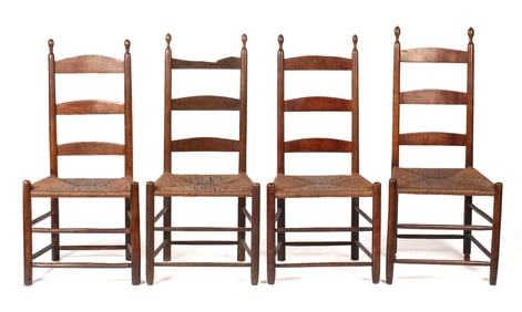 SIX ANTIQUE SHAKER LADDER-BACK SIDE CHAIRS.