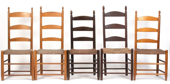 FIVE ANTIQUE SHAKER LADDER BACK SIDE CHAIRS.