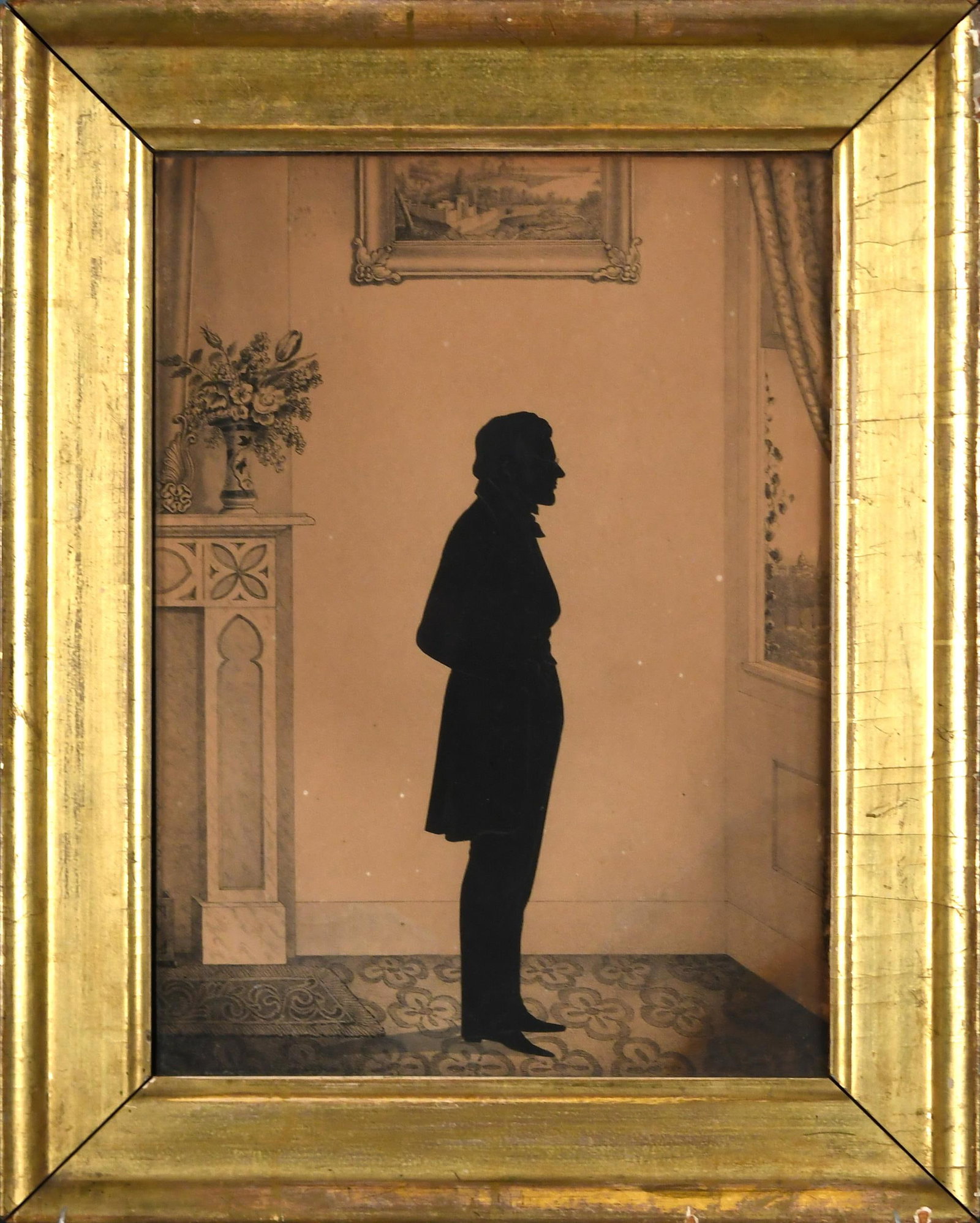 WILLIAM H. BROWN 19TH C. SILHOUETTE.: William Henry Brown (South Carolina, 1808-1883) silhouette, gentleman in interior, signed lower, Wm. H. Brown. Image 14” x 10”, Overall in frame 18” x 14”.