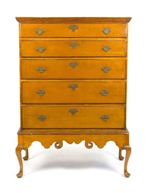 18TH C. NEW ENGLAND FIGURED MAPLE CHEST ON FRAME