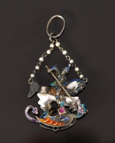 ANTIQUE ENAMEL PEND. OF ST. GEORGE THE DRAGON SLAYER.