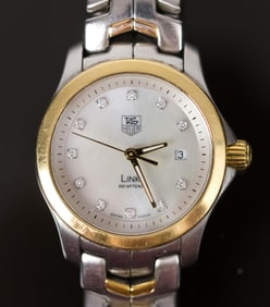 TAG HEUER STAINLESS & 18K GOLD MOP LADY'S WATCH.