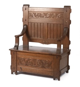 ANTIQUE OAK HALL BENCH.