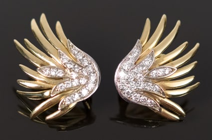 PAIR OF 14K GOLD & DIAMOND WING EARRINGS.