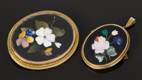 TWO 14K GOLD PIETRA DURA PINS.