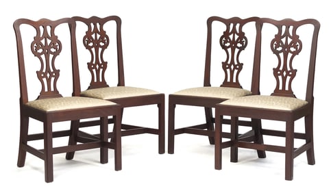 FOUR 18TH C. CHIPPENDALE SIDE CHAIRS.