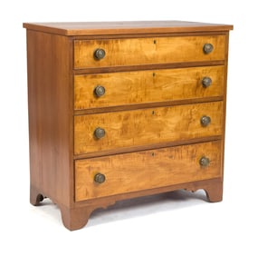 LATE 19TH C. CURLY MAPLE FOUR DRAWER CHEST.
