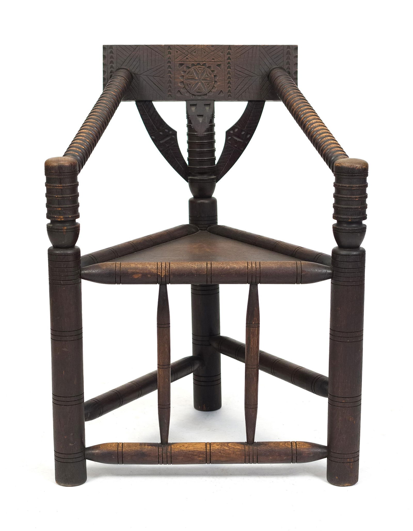 CENTENNIAL CARVED OAK PILGRIM STYLE CORNER CHAIR. (1 of 10)