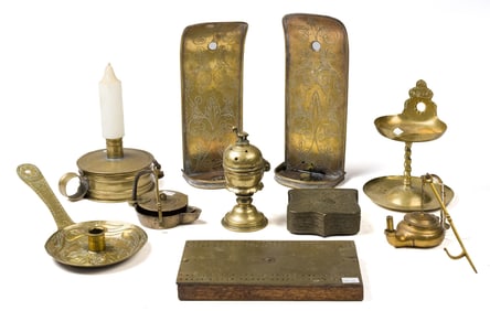 GOOD ANTIQUE BRASS LIGHTING AND OTHER, TEN PIECES.