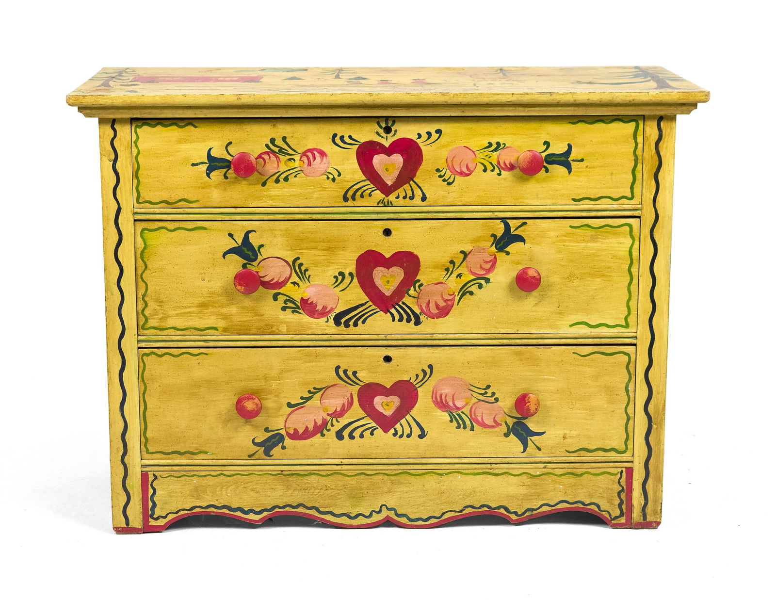 EARLY 20TH C. PETER HUNT DECORATED CHEST.: An antique three drawer cottage chest with early 20th C. Folk art decoration in the manner of Peter Hunt, rectangular top depicts three figures in boat on lake among a landscape, drawers decorated wit