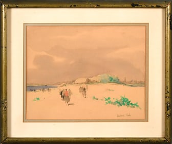 LUDOVIC-RODO PISSARRO WATERCOLOR, FIGURES ON BEACH.