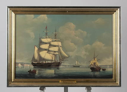 SALVATORE COLACICCO OIL, SHIPPING IN THE SOLENT.: Salvatore Colacicco (b. 1935), oil on board, boats in harbor, titled on frame plaque ‘Shipping In The Solent’, signed lower left and on back, Salvatore Colacicco, Image 16” x 24̶