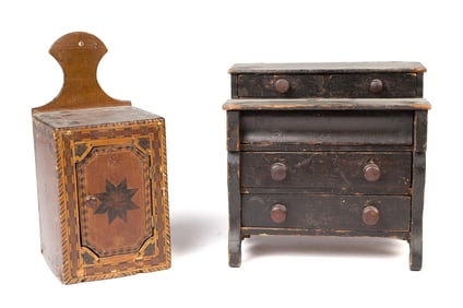 19TH C. EMPIRE MINIATURE CHEST AND WALL BOX.