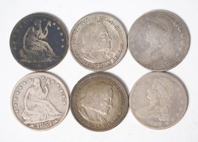 SIX MID/LATE 19TH C. HALF DOLLAR COINS.