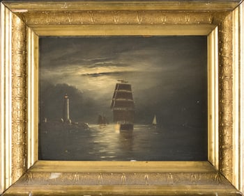 19TH C. OIL ON BOARD, NOCTURNAL MARINE SCENE.