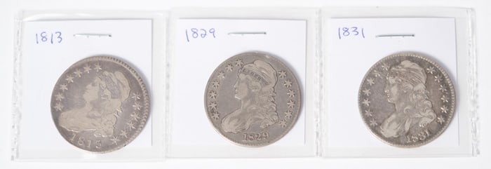 THREE EARLY/MID 19TH C. AMERICAN BUST HALF DOLLARS.