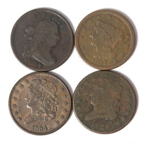 FOUR EARLY/MID 19TH C. AMERICAN HALF CENT COINS.