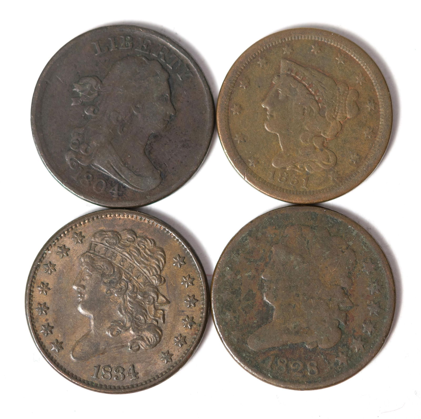 FOUR EARLY/MID 19TH C. AMERICAN HALF CENT COINS. (1 of 10)