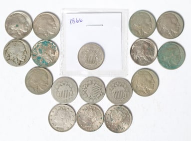 17 ASSORTED SHIELD, LIBERTY, AND BUFFALO NICKELS.